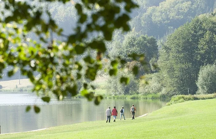 Vier Urlauber wandern direkt am Ufer des Hahnenkammsees bei Hechlingen am günen Ufer entlang.
