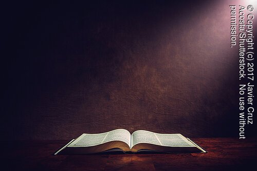 Light illuminating the Holy Bible on a wooded table.